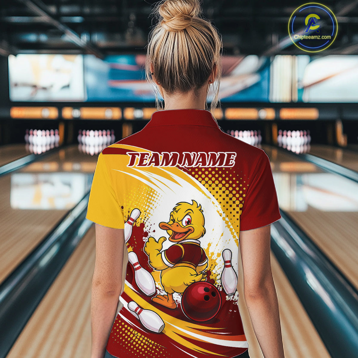 Custom Red And Yellow Funny Duck Bowling Team Women Polo Shirt, Bowling Jersey IPHW11858