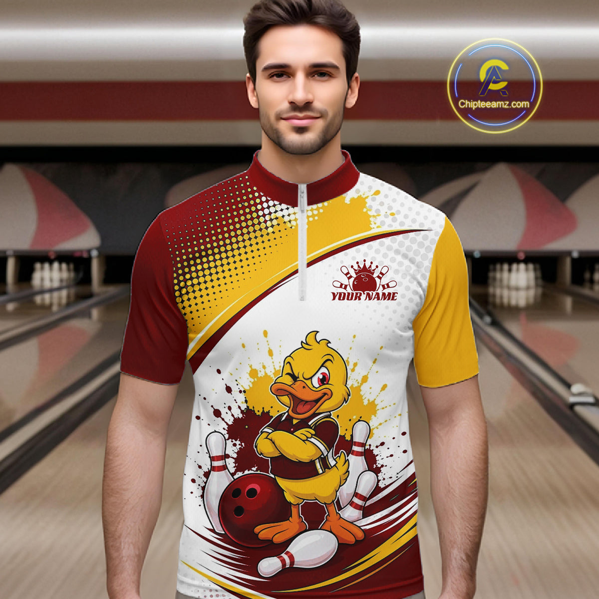 Custom Red And Yellow Funny Duck Bowling Team Men Quarter Zip Shirt, Bowling Jersey IPHW11858