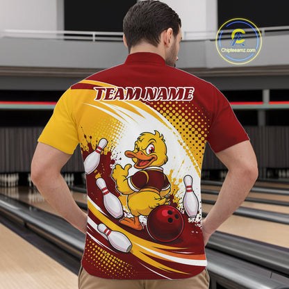 Custom Red And Yellow Funny Duck Bowling Team Men Quarter Zip Shirt, Bowling Jersey IPHW11858