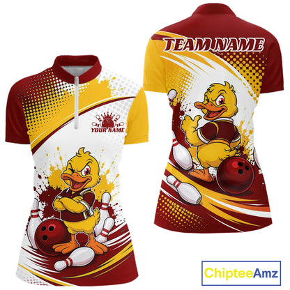 Custom Red And Yellow Funny Duck Bowling Team Women Quarter-Zip Shirt, Bowling Jersey IPHW11858