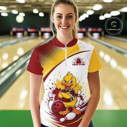 Custom Red And Yellow Funny Duck Bowling Team Women Quarter-Zip Shirt, Bowling Jersey IPHW11858