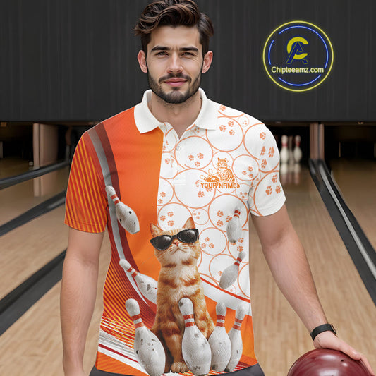 Custom Funny Smirk Orange Cat With Sunglasses Bowling Team Men Polo Shirts IPHW10104