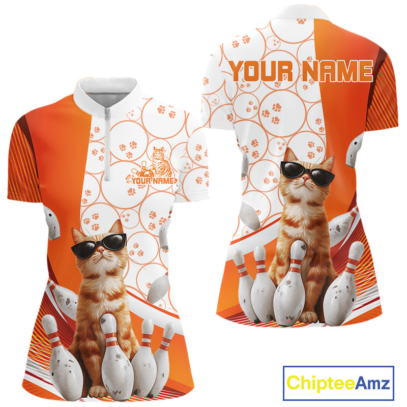 Custom Funny Smirk Orange Cat With Sunglasses Bowling Team Women Quarter-Zip Shirts IPHW10104