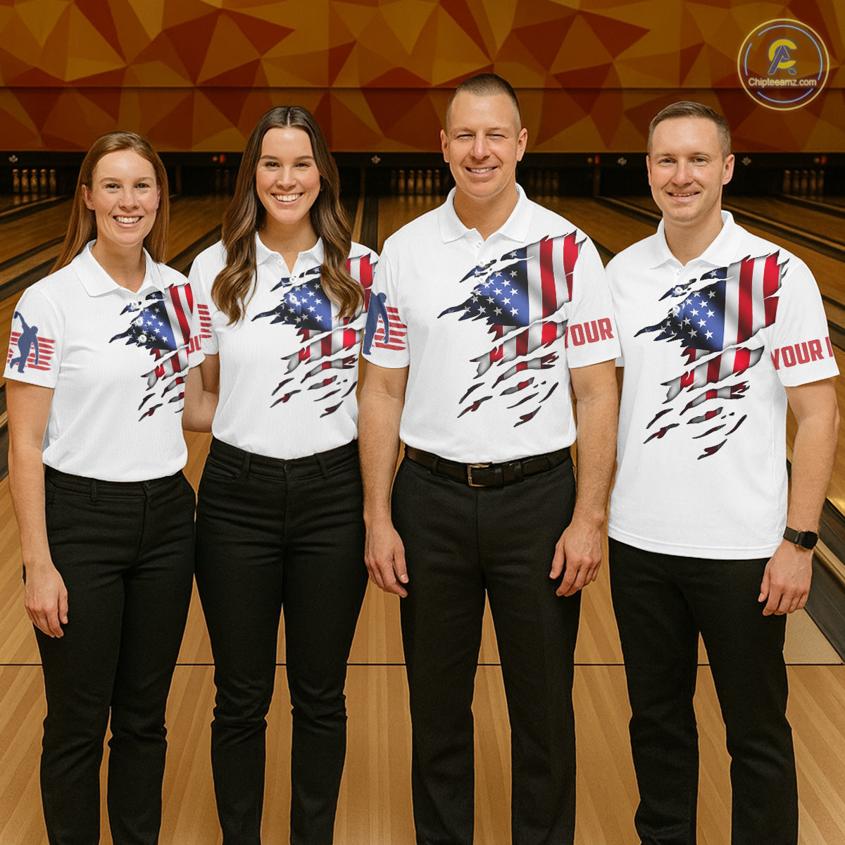 Polo shirt Custom Mens Bowling Shirts, Customizable American Flag Bowling Pin Polo Shirt For Team IPHW3809