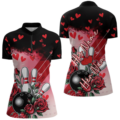 Custom Black And Red Heart Valentine Bowling Quarter-Zip Shirts For Women, Couple Bowling IPHW8353