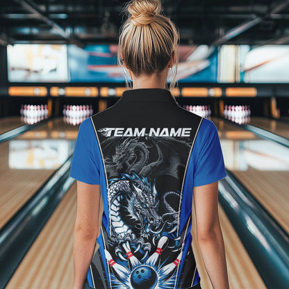 Custom Black And Blue Dragon Bowling Womens Quarter-Zip Shirts, Bowling Tournament Uniform IPHW8552