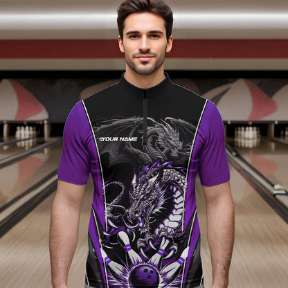 Custom Black And Purple Dragon Bowling Quarter-Zip Shirts For Men, Dragon Bowling Tournament Uniform IPHW8554