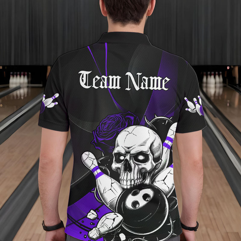 Custom Black And Purple Roses Skull Bowling Team Polo Shirts For Men, Skull Bowling Jerseys IPHW8871