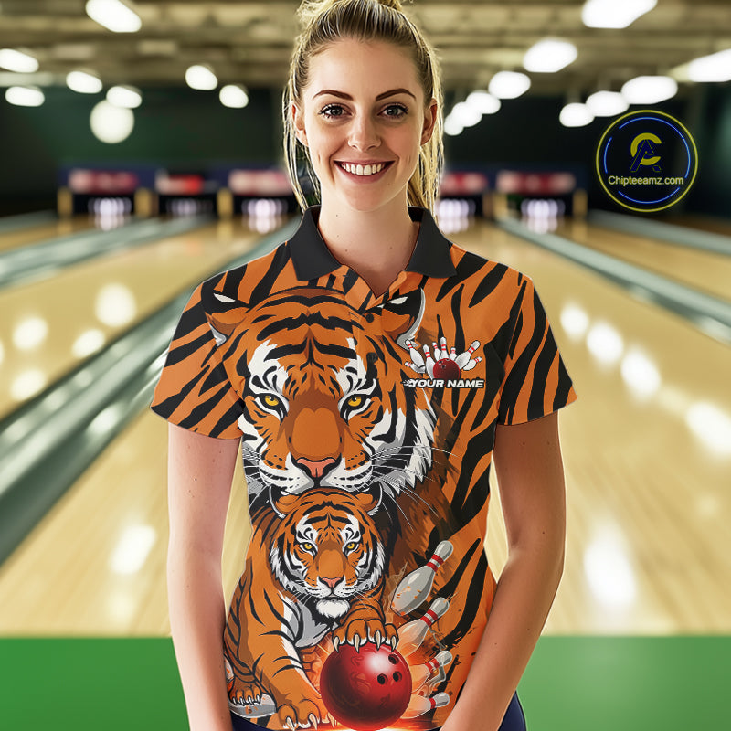 Custom Tiger Print Bowling Team Shirts, Tiger Women Polo Shirts With Name IPHW9095