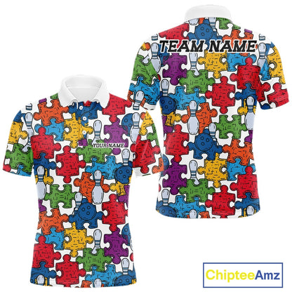 Front and back views of a short-sleeve polo shirt with a colorful puzzle-piece pattern on a white background. The front shows a white collar and a small customizable text print on the chest, while the back has a larger 'TEAM NAME' print across the shoulders.