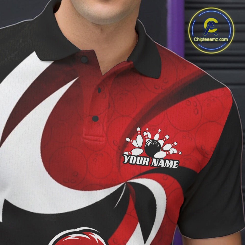 A close-up of a man wearing a red, black, and white bowling-themed polo shirt with a custom name graphic on the chest. The shirt features a bold abstract design with bowling pins and balls.