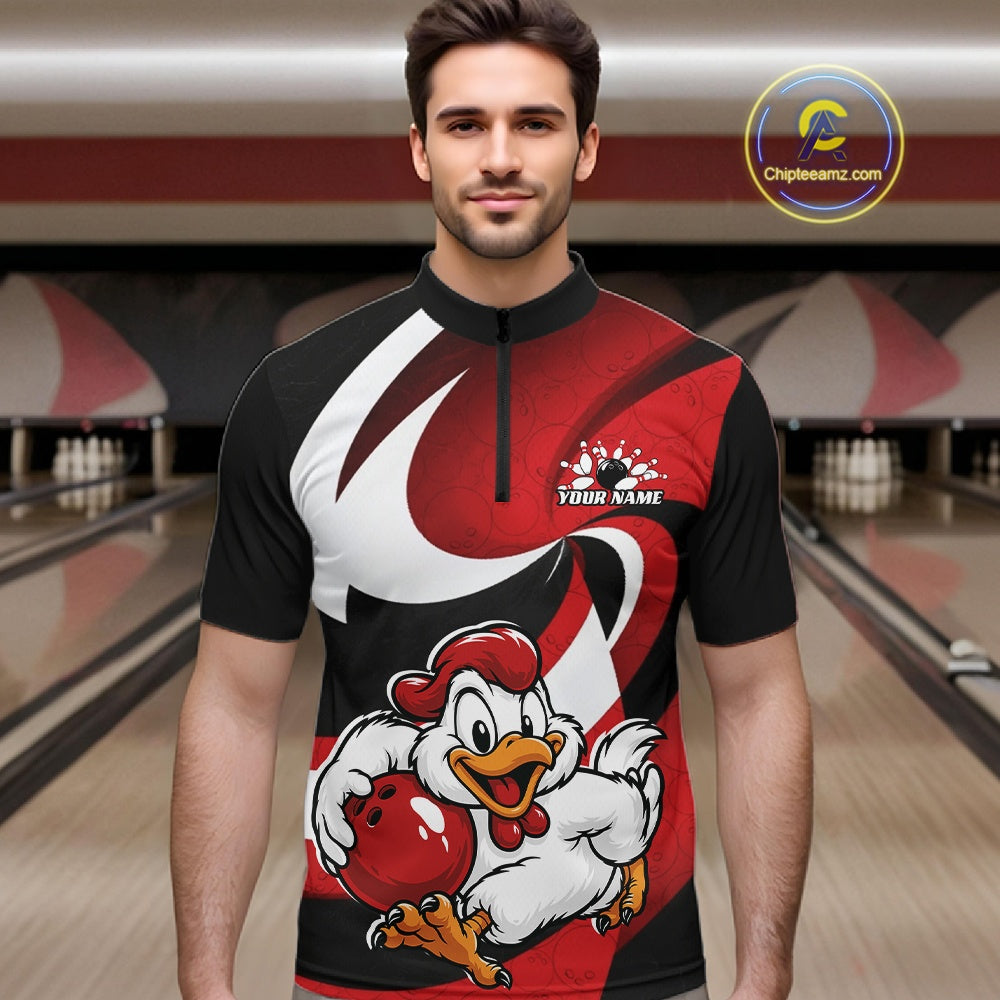 A man wearing a custom bowling jersey with a red, black, and white design featuring a cartoon chicken holding a bowling ball. The jersey has a black collar and a short front zipper.