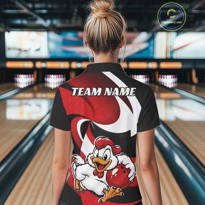 A woman viewed from behind wearing a custom bowling-themed polo shirt with a cartoon chicken holding a red bowling ball and the text 'TEAM NAME' on the back, set against a blurred bowling alley background.