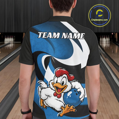 A person viewed from behind wearing a black short-sleeve bowling shirt with a large blue, white, and yellow cartoon chicken graphic and the words 'TEAM NAME' across the upper back. Bowling lanes are visible in the background, and a circular 'Chipteamz.