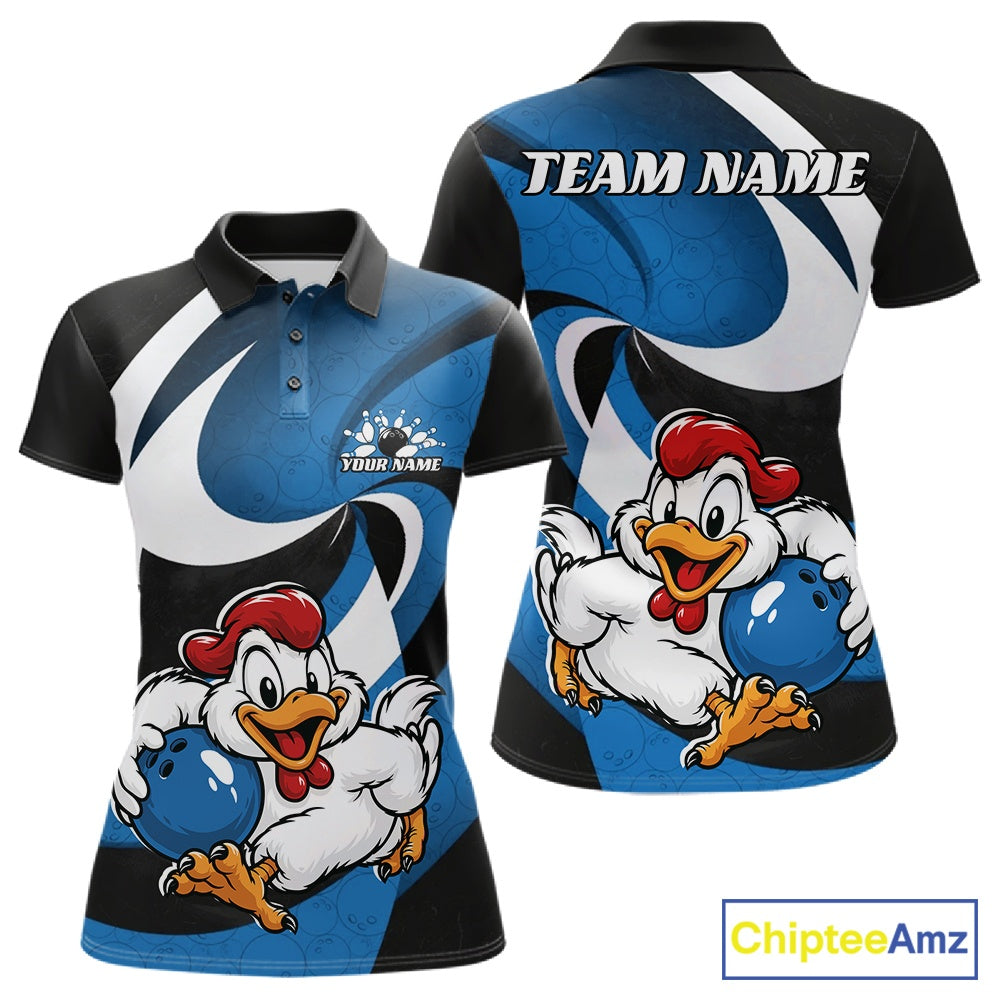 Front and back views of a custom bowling-themed short-sleeve polo shirt. The shirt features a black and blue color-blocked design with white swooshes, a cartoon rooster holding a bowling ball, customizable text areas ('YOUR NAME' on the chest and 'TEAM NAME' on the back), and a 'ChipteeAmz' logo in the bottom right corner.