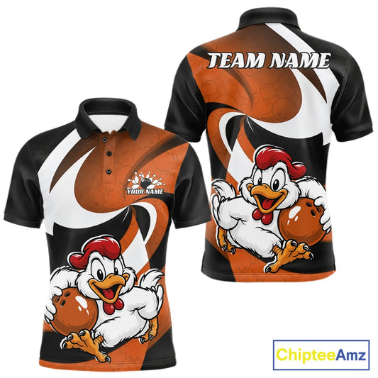 Front and back views of a custom short-sleeve polo shirt featuring a cartoon rooster mascot holding a football on a black, white, and orange background. The back view includes 'TEAM NAME' text customization, and the front view includes 'YOUR NAME' text customization.