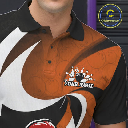 A close-up of a custom bowling-themed polo shirt worn by a model. The shirt features a bold design with a large orange bowling ball graphic, white swooshes, black sections, and a bowling pin and ball illustration with the text 'YOUR NAME' on the chest.