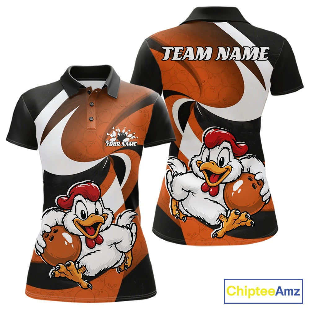 Front and back views of a custom short-sleeve polo shirt featuring a cartoon chicken mascot holding a bowling ball on an orange, black, and white background. The shirt includes customizable text placeholders 'TEAM NAME' and 'YOUR NAME'.