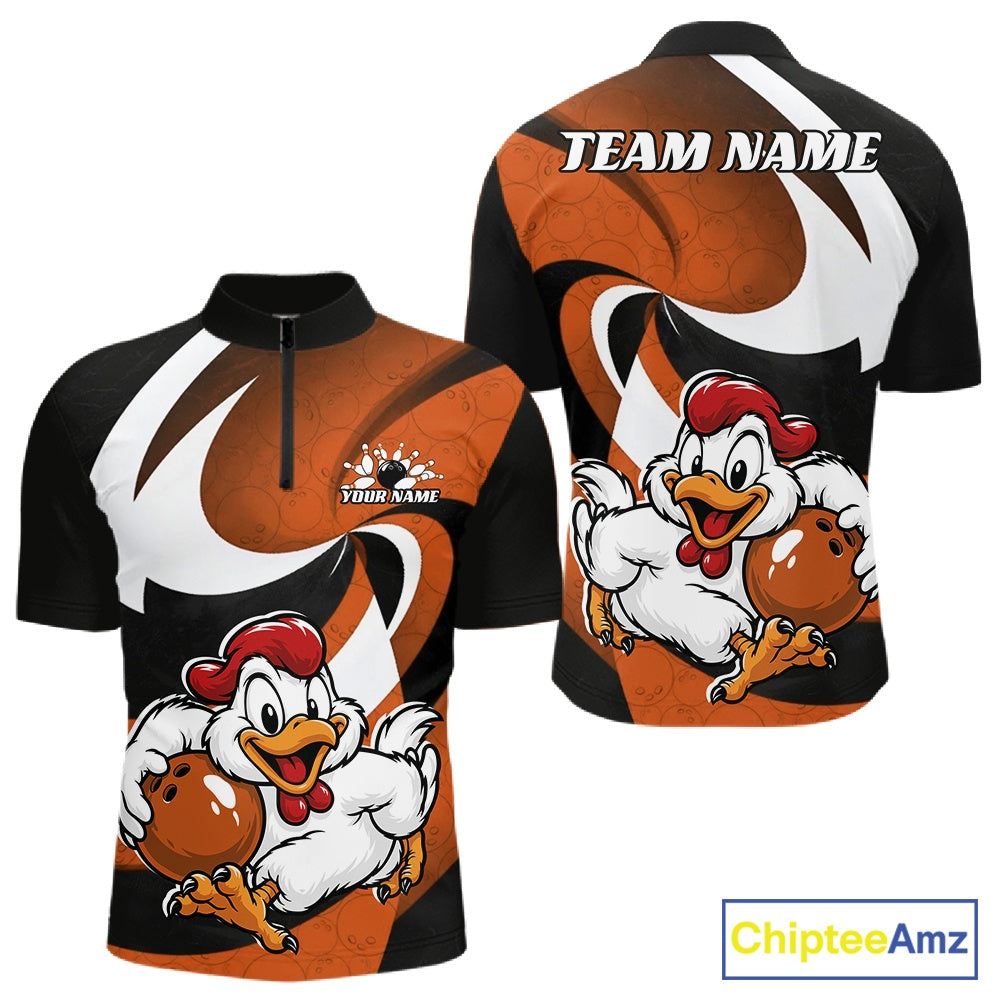 Custom short-sleeve athletic jersey shown in front and back views, featuring a black, orange, and white design with a cartoon chicken holding a bowling ball and customizable text areas.