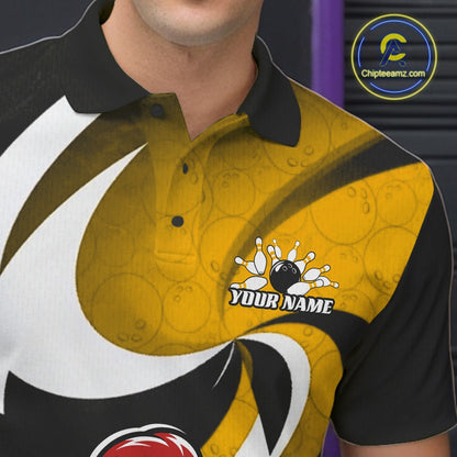 A close-up of a man wearing a custom bowling-themed polo shirt. The shirt features a bold graphic design with yellow, black, and white swooshes, a subtle bowling ball pattern, and a customizable 'YOUR NAME' logo with a bowling pin graphic on the left chest.