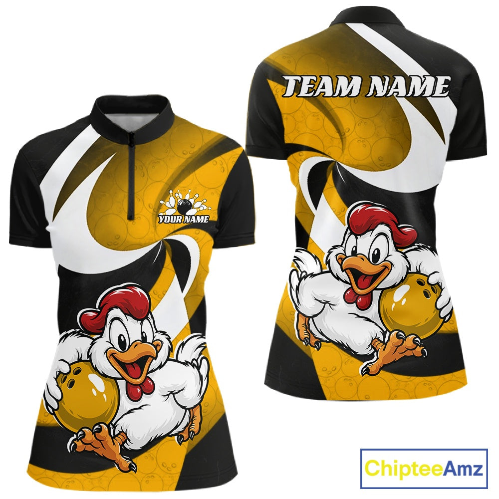Custom short-sleeve athletic jersey shown from the front and back, featuring a black, yellow, and white abstract design with a cartoon chicken mascot holding a bowling ball. The front has a half-zip collar and a custom logo area, while the back displays 'TEAM NAME' text at the shoulders.