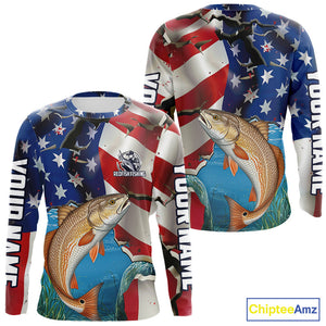 Custom American Flag Patriotic Redfish Fishing Long Sleeve Fishing Shirts, Redfish Jerseys IPHW9660