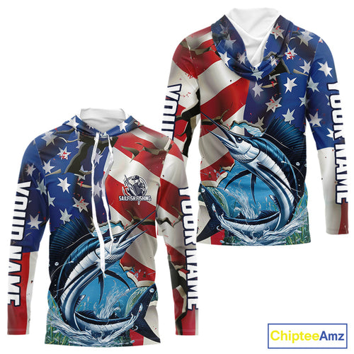 Custom American Flag Patriotic Sailfish Long Sleeve Hooded Fishing Shirts, Sailfish Jerseys IPHW9662