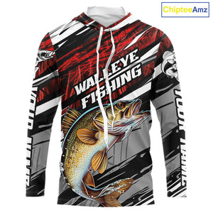 Custom Red Grass Camo Walleye Fishing Long Sleeve Hooded Tournament Fishing Shirts, Fishing Gifts IPHW9663