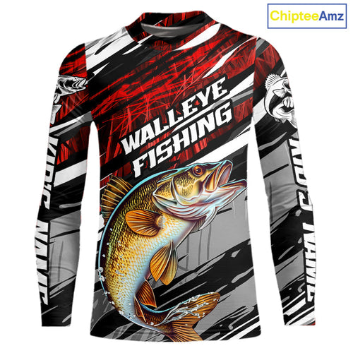 Custom Red Grass Camo Walleye Fishing Kid Long Sleeve Tournament Fishing Shirts, Fishing Gifts IPHW9663