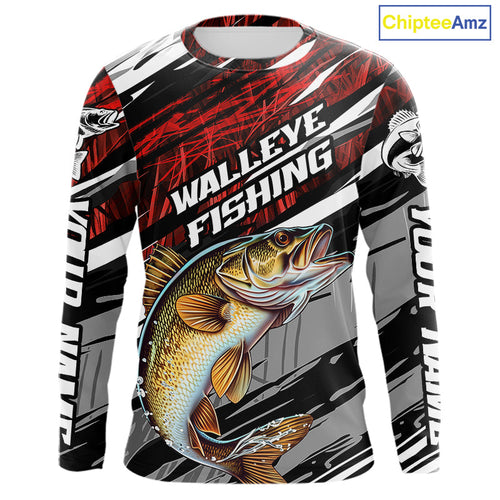 Custom Red Grass Camo Walleye Fishing Long Sleeve Tournament Fishing Shirts, Fishing Gifts IPHW9663