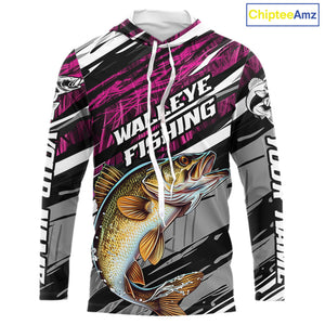 Custom Pink Grass Camo Walleye Fishing Long Sleeve Hooded Tournament Fishing Shirts, Fishing Gifts IPHW9664