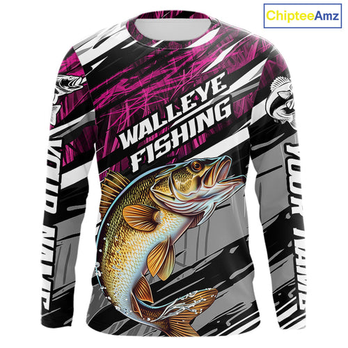 Custom Pink Grass Camo Walleye Fishing Long Sleeve Tournament Fishing Shirts, Fishing Gifts IPHW9664