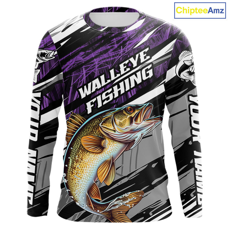Custom Purple Grass Camo Walleye Fishing Long Sleeve Tournament Fishing Shirts, Fishing Gifts IPHW9665