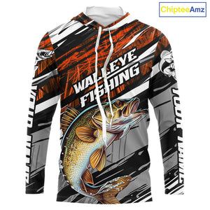 Custom Orange Grass Camo Walleye Long Sleeve Hooded Tournament Fishing Shirts, Fishing Gifts IPHW9666