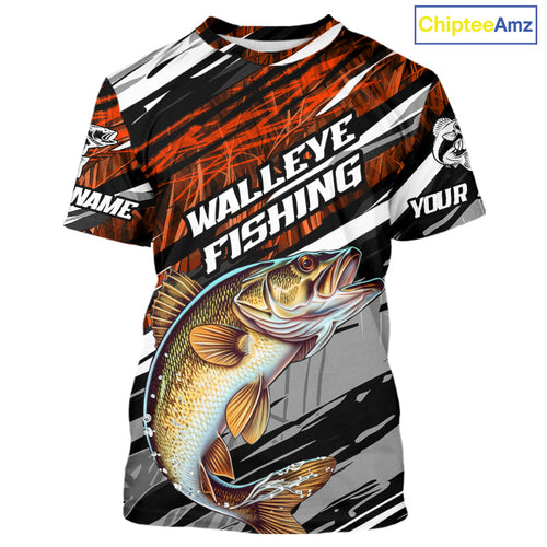 Custom Orange Grass Camo Walleye Fishing Tournament Fishing T-Shirts, Fishing Gifts IPHW9666
