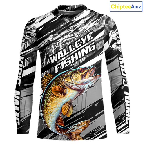 Custom Gray Grass Camo Walleye Fishing Kid Long Sleeve Tournament Fishing Shirts, Fishing Gifts IPHW9667