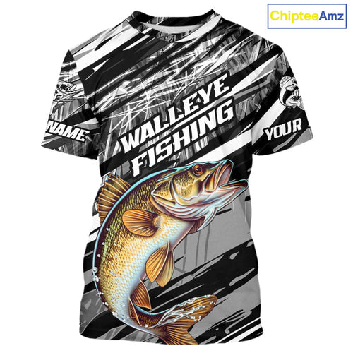 Custom Gray Grass Camo Walleye Fishing Tournament Fishing T-Shirts, Fishing Gifts IPHW9667