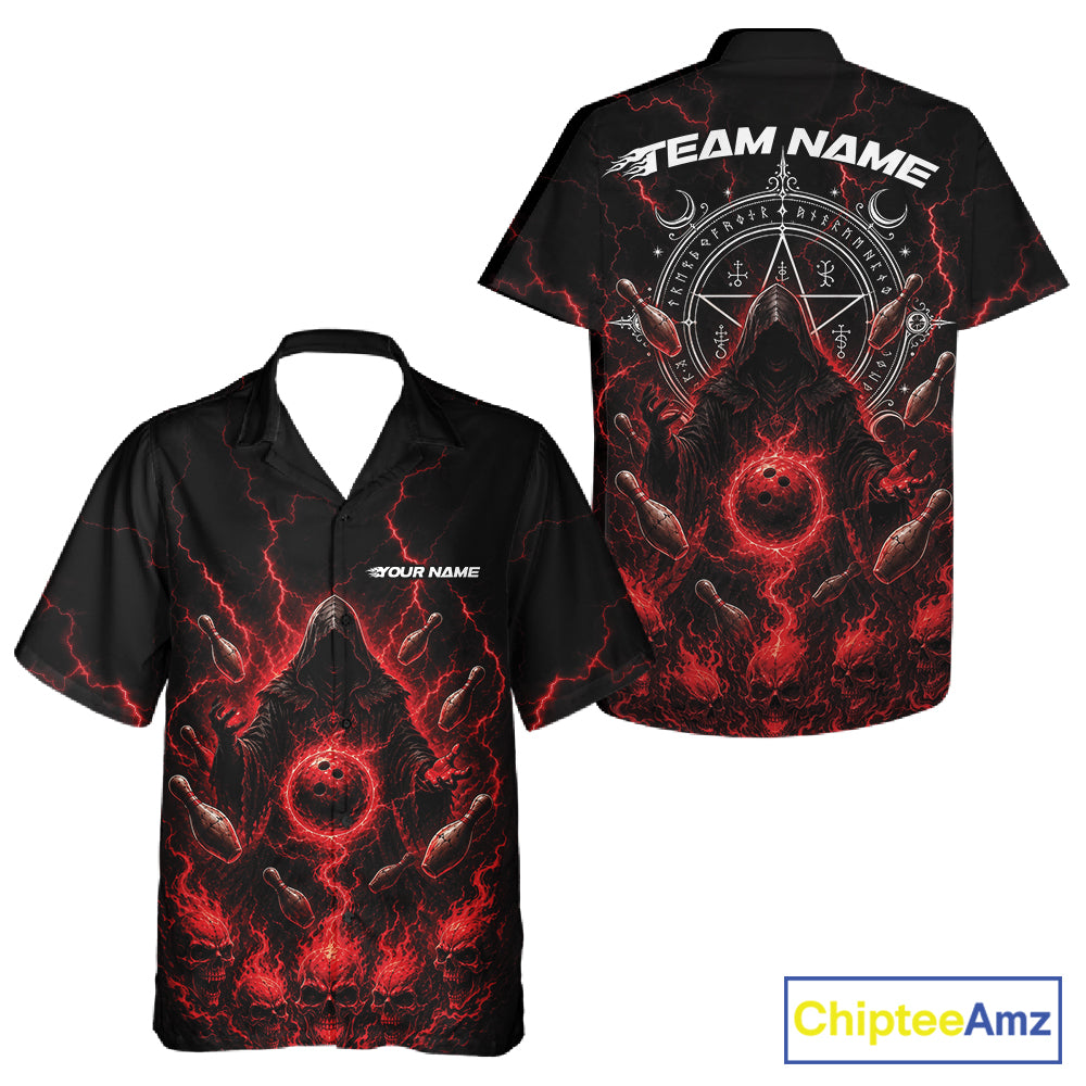 Custom Red Lightning Halloween Grim Reaper Bowling Men And Women Button Up Shirt, Dark Magic Outfit IPHW11880