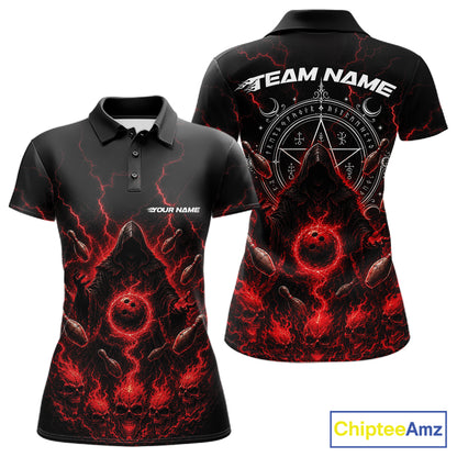 Custom Red Lightning Halloween Grim Reaper Bowling Women Polo Shirt, Dark Magic Outfit IPHW11880