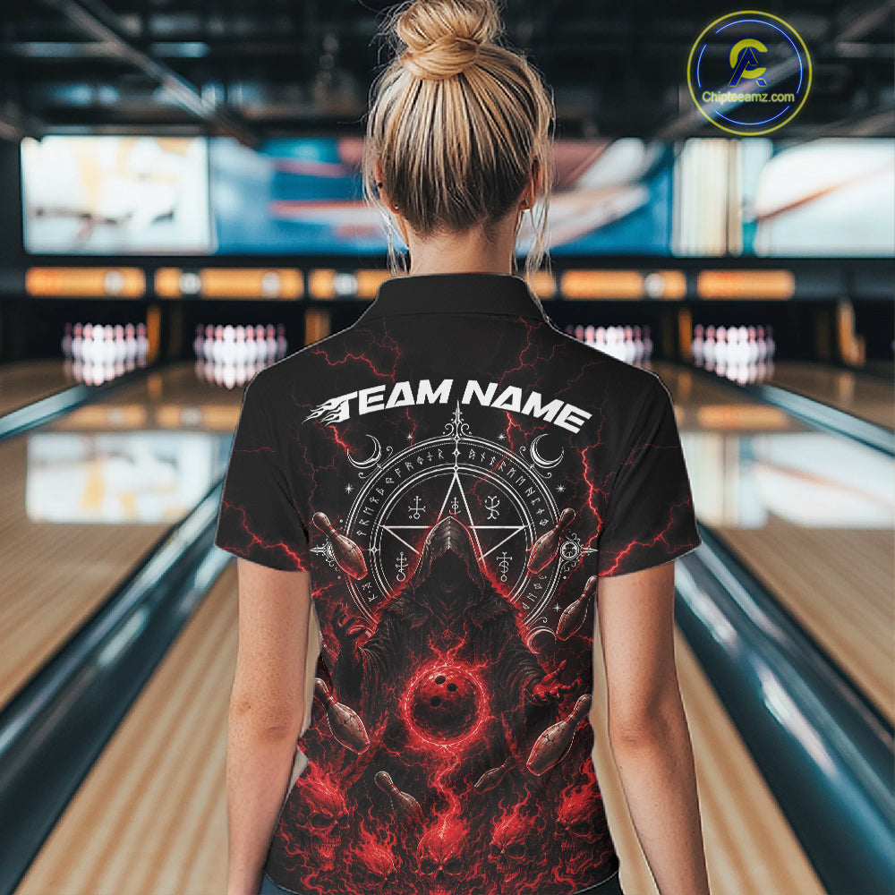 Custom Red Lightning Halloween Grim Reaper Bowling Women Polo Shirt, Dark Magic Outfit IPHW11880