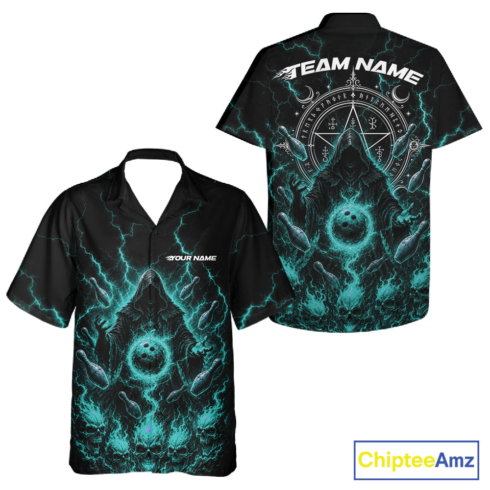 Custom Blue Lightning Halloween Grim Reaper Bowling Men And Women Button Up Shirt, Dark Magic Outfit IPHW11881