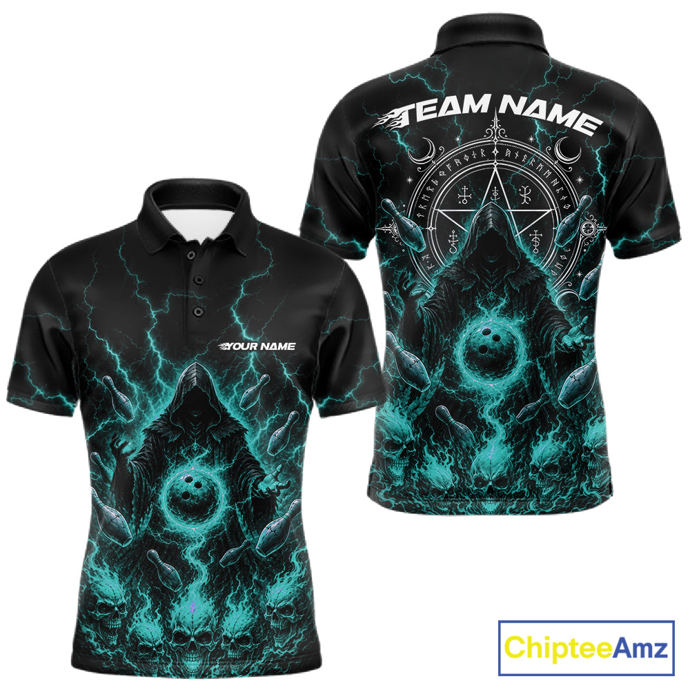 Custom Blue Lightning Halloween Grim Reaper Bowling Men Polo Shirt, Dark Magic Outfit IPHW11881