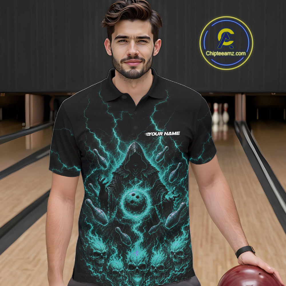 Custom Blue Lightning Halloween Grim Reaper Bowling Men Polo Shirt, Dark Magic Outfit IPHW11881