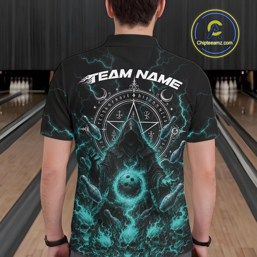 Custom Blue Lightning Halloween Grim Reaper Bowling Men Polo Shirt, Dark Magic Outfit IPHW11881
