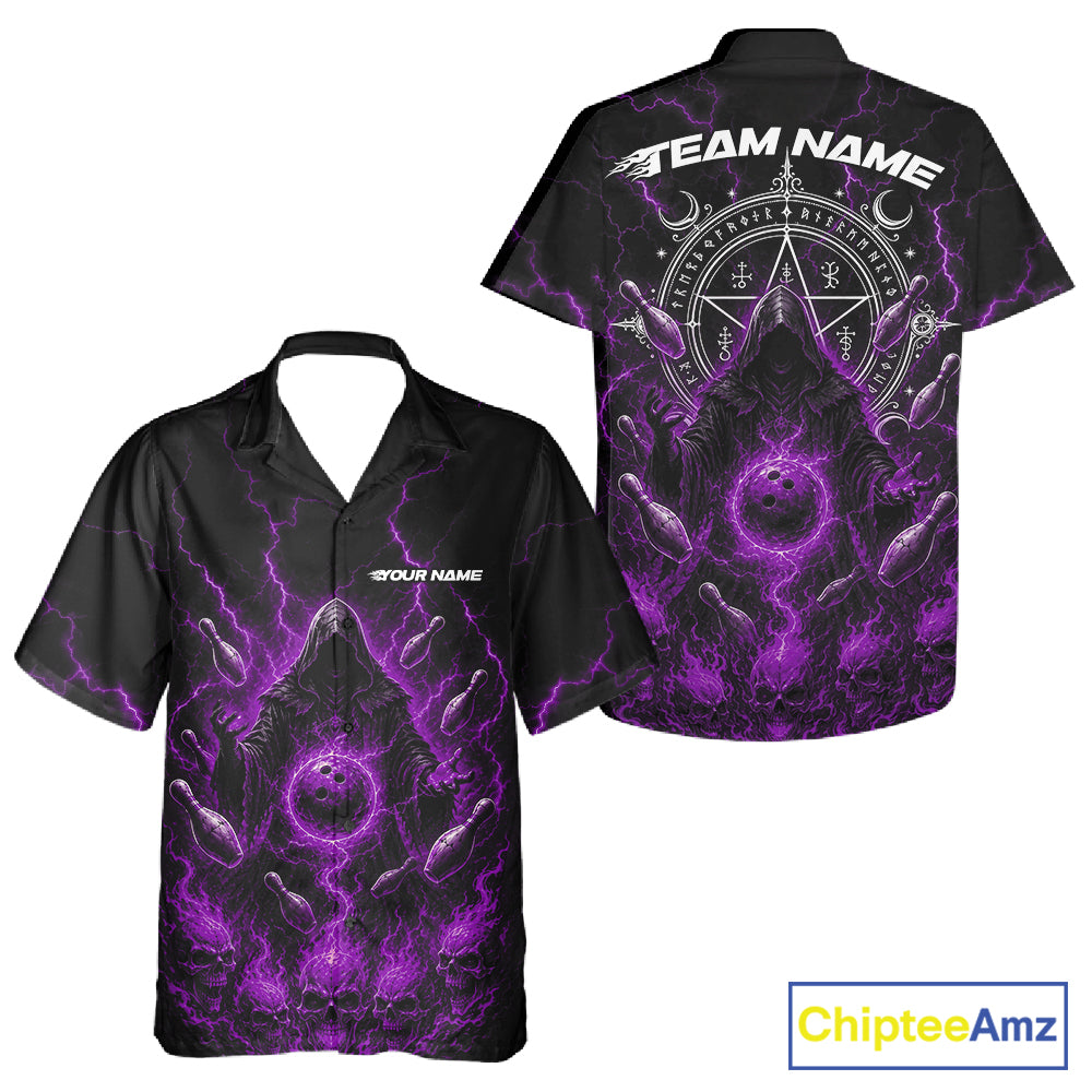 Custom Purple Lightning Halloween Grim Reaper Bowling Men And Women Button Up Shirt, Dark Magic Outfit IPHW11882
