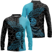 Load image into Gallery viewer, Black And Teal Blue Custom Bowling Ball And Wings Bowling Shirts For Men, Bowling Team Uniform IPHW7929