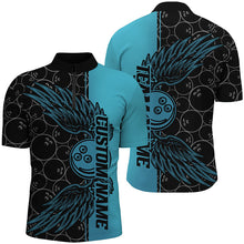 Load image into Gallery viewer, Black And Teal Blue Custom Bowling Ball And Wings Bowling Shirts For Men, Bowling Team Uniform IPHW7929