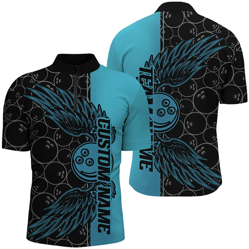 Black And Teal Blue Custom Bowling Ball And Wings Bowling Shirts For Men, Bowling Team Uniform IPHW7929