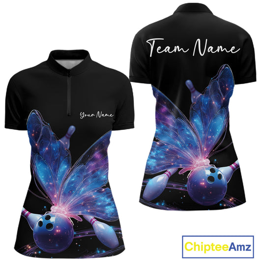 Custom Blue Galaxy Butterfly Bowling Women Quarter-Zip Shirts, Ladies Bowling Outfit IPHW10241