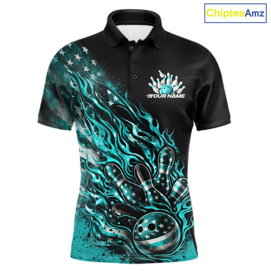 Custom Patriotic Turquoise Blue Flame Bowling Shirts, US Flag Bowling Team Jerseys Freedom Bowling Shirt IPHW10436